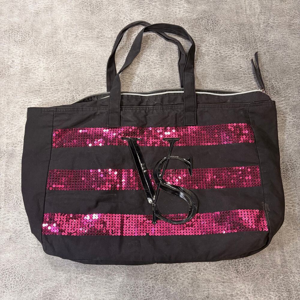 Victorias Secret Black Sequin Hot Pink Tote Bag